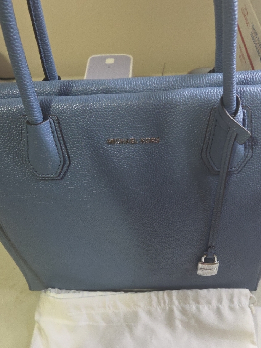 Michael Kors Mercer Denim Blue Saffiano Leather Tote with Lock Charm - Picture 2 of 7